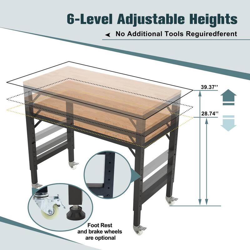 Mesa de trabajo de madera dura ajustable de servicio pesado Thanaddo 48 pulg. de ancho x 23 pulg. de profundidad con ruedas - T48P166997