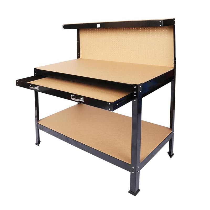 Mesa de trabajo de acero Kahomvis de 45 pulgadas de ancho por 22 pulgadas de profundidad con cajón y almacenamiento de panel ranurado en negro - GH-LKW4-8009