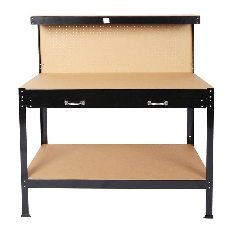 Mesa de trabajo de acero Kahomvis de 45 pulgadas de ancho por 22 pulgadas de profundidad con cajón y almacenamiento de panel ranurado en negro - GH-LKW4-8009