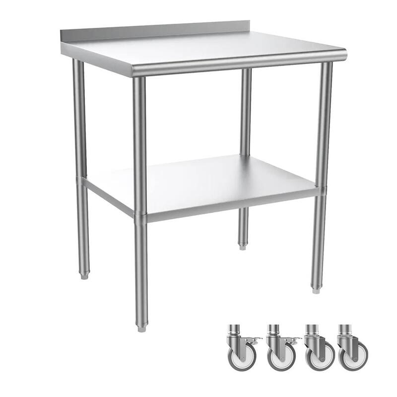 Mesa de acero inoxidable Karl home de 30 pulgadas de ancho x 24 pulgadas de profundidad con salpicadero y ruedas inferiores - K1G47000683