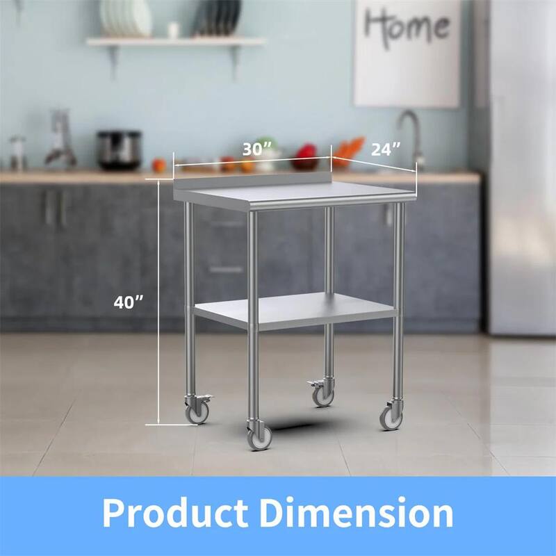 Mesa de acero inoxidable Karl home de 30 pulgadas de ancho x 24 pulgadas de profundidad con salpicadero y ruedas inferiores - K1G47000683
