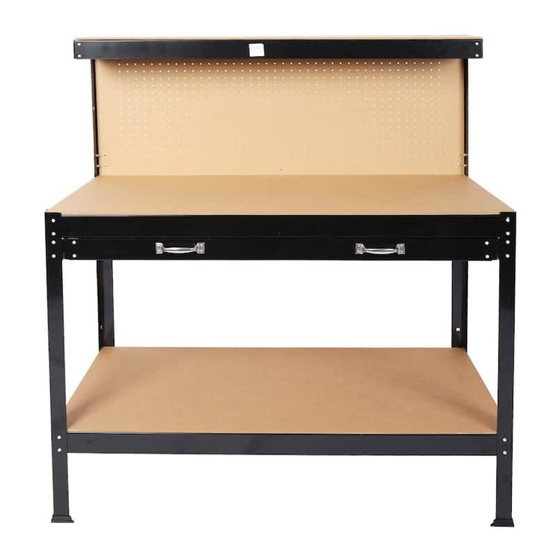 Banco de trabajo de acero de 48 pulg. de ancho x 24 pulg. de profundidad con cajón y almacenamiento de tablero perforado, mesa de herramientas para taller en negro - GH-LKW4-7479