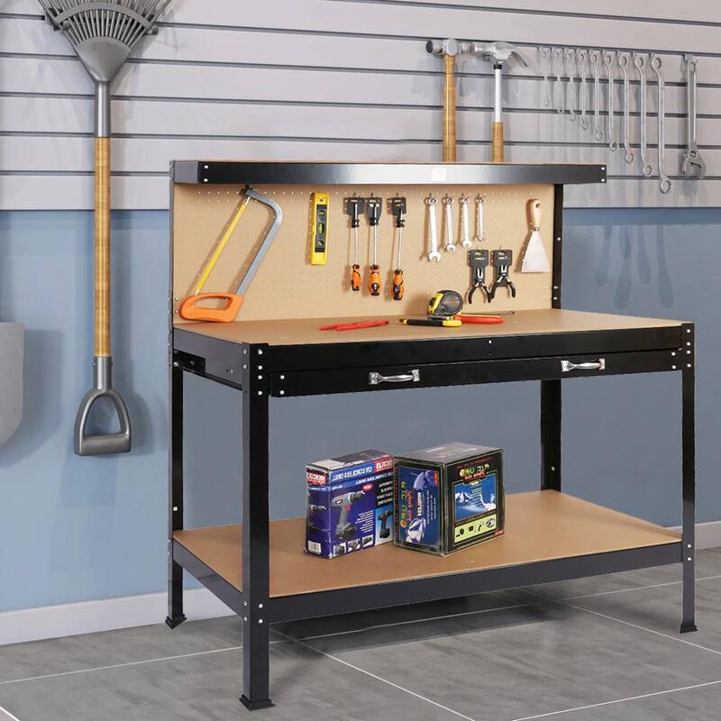 Banco de trabajo de acero de 48 pulg. de ancho x 24 pulg. de profundidad con cajón y almacenamiento de tablero perforado, mesa de herramientas para taller en negro - GH-LKW4-7479