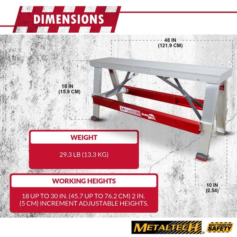 Banco de trabajo ajustable antideslizante de aluminio MetalTech Buildman de 18 pulgadas x 30 pulgadas con capacidad de carga de 500 lbs. - I-BMDWB18