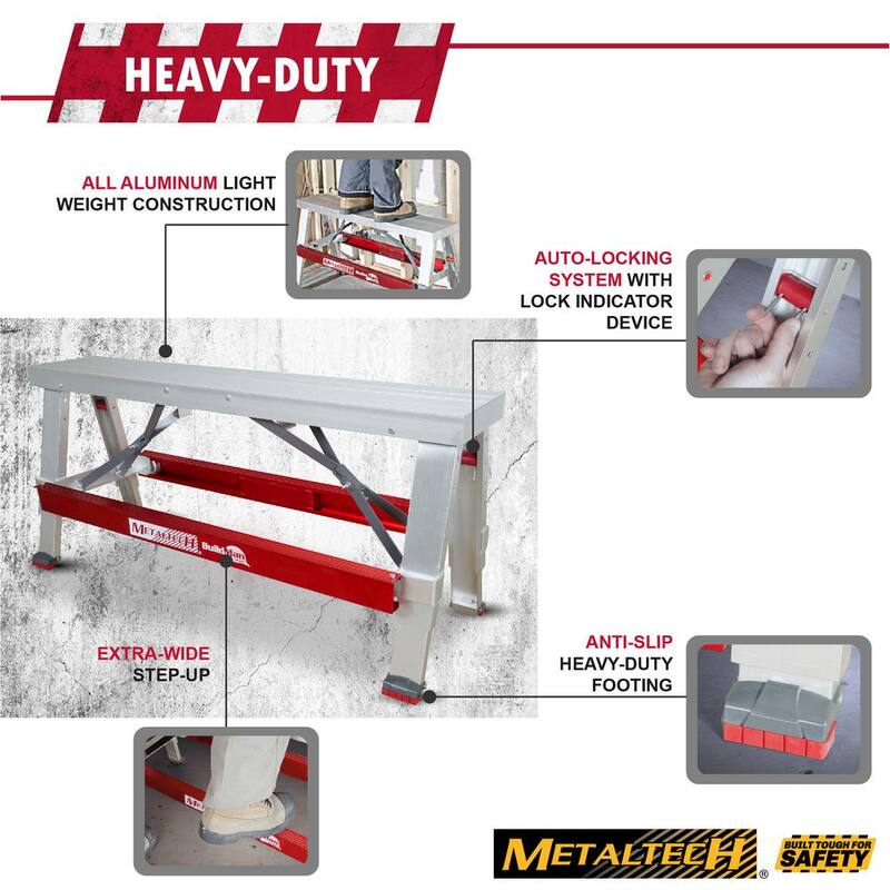 Banco de trabajo ajustable antideslizante de aluminio MetalTech Buildman de 18 pulgadas x 30 pulgadas con capacidad de carga de 500 lbs. - I-BMDWB18