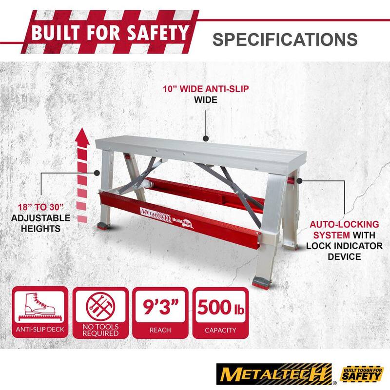 Banco de trabajo ajustable antideslizante de aluminio MetalTech Buildman de 18 pulgadas x 30 pulgadas con capacidad de carga de 500 lbs. - I-BMDWB18