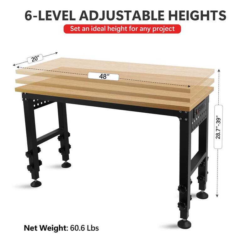 Siavonce 48 pulgadas Banco de trabajo ajustable con toma de corriente, Banco de trabajo de madera dura de alta capacidad de carga pesada adecuado para taller, garaje - XMJ-P179960