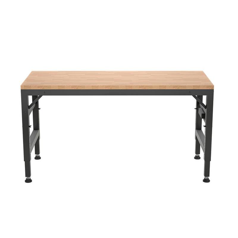 Banco de trabajo con altura ajustable Siavonce, 60 pulgadas. Encimera de madera de hule resistente con tomas de corriente, mesa de trabajo resistente de madera dura - XMJ-P166998