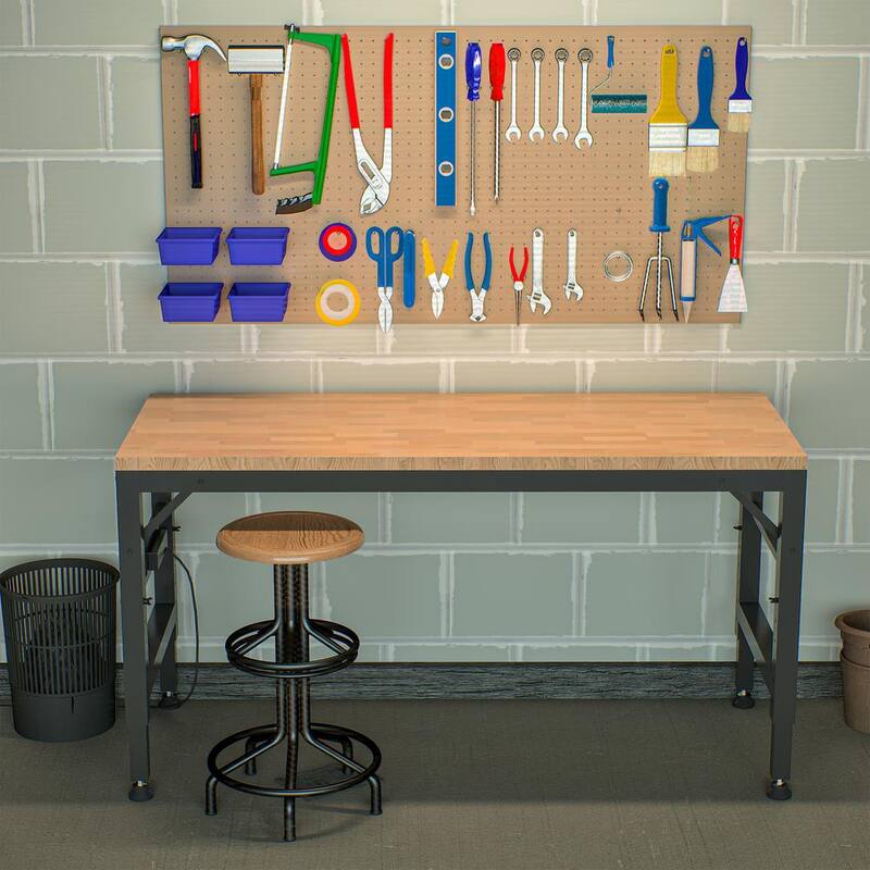 Banco de trabajo con altura ajustable Siavonce, 60 pulgadas. Encimera de madera de hule resistente con tomas de corriente, mesa de trabajo resistente de madera dura - XMJ-P166998