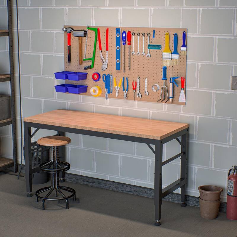 Banco de trabajo con altura ajustable Siavonce, 60 pulgadas. Encimera de madera de hule resistente con tomas de corriente, mesa de trabajo resistente de madera dura - XMJ-P166998