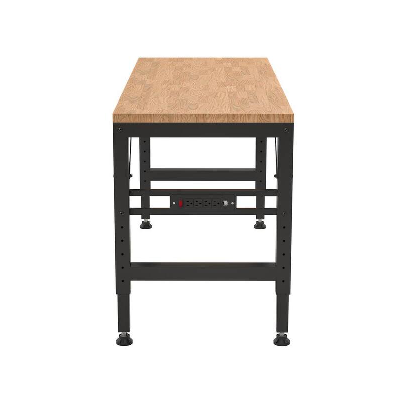 Banco de trabajo con altura ajustable Siavonce, 60 pulgadas. Encimera de madera de hule resistente con tomas de corriente, mesa de trabajo resistente de madera dura - XMJ-P166998