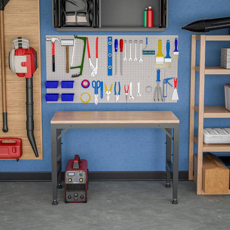 Banco de trabajo ajustable de servicio pesado de 48 pulgadas para garaje, mesa de trabajo de madera de caucho con almohadillas de goma, estación de trabajo de madera dura - XMJ-P166996