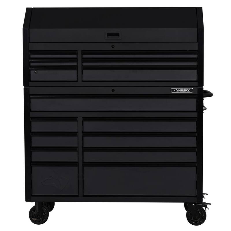 Almacenamiento de herramientas Husky de 52 pulgadas de ancho por 20 pulgadas de profundidad, combinado con cofre de herramientas rodante de servicio pesado en negro mate - H52CH6TR9HDV4