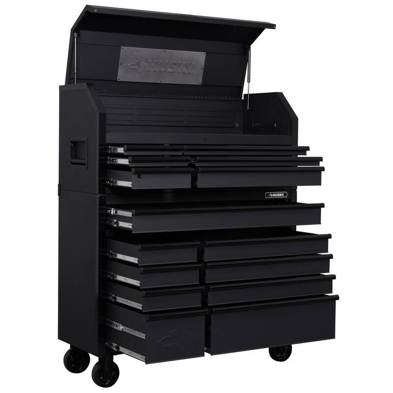 Almacenamiento de herramientas Husky de 52 pulgadas de ancho por 20 pulgadas de profundidad, combinado con cofre de herramientas rodante de servicio pesado en negro mate - H52CH6TR9HDV4