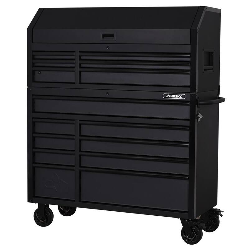 Almacenamiento de herramientas Husky de 52 pulgadas de ancho por 20 pulgadas de profundidad, combinado con cofre de herramientas rodante de servicio pesado en negro mate - H52CH6TR9HDV4