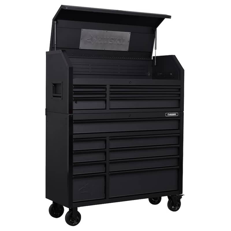 Almacenamiento de herramientas Husky de 52 pulgadas de ancho por 20 pulgadas de profundidad, combinado con cofre de herramientas rodante de servicio pesado en negro mate - H52CH6TR9HDV4