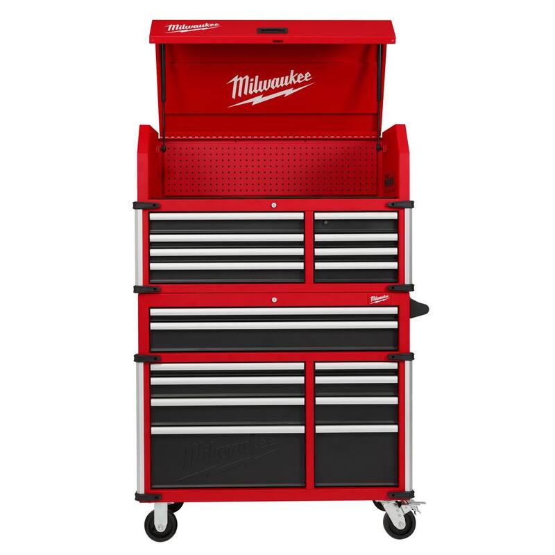 Almacenamiento de herramientas Milwaukee 41 pulgadas de ancho x 22 pulgadas de profundidad, Combo de cofre de herramientas rojo rodante pesado - 48-22-8549