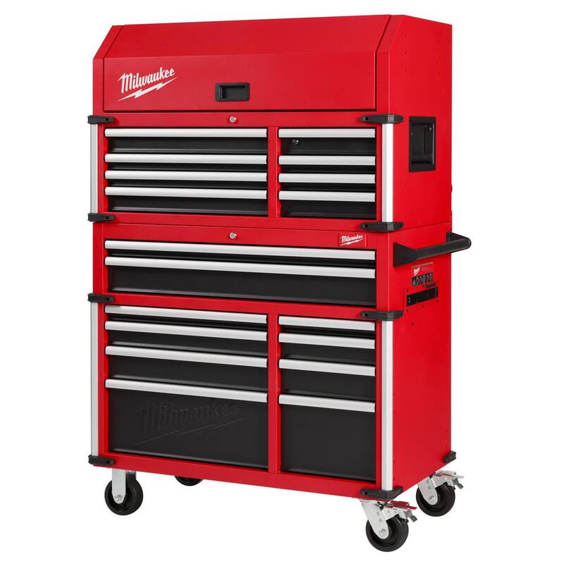 Almacenamiento de herramientas Milwaukee 41 pulgadas de ancho x 22 pulgadas de profundidad, Combo de cofre de herramientas rojo rodante pesado - 48-22-8549