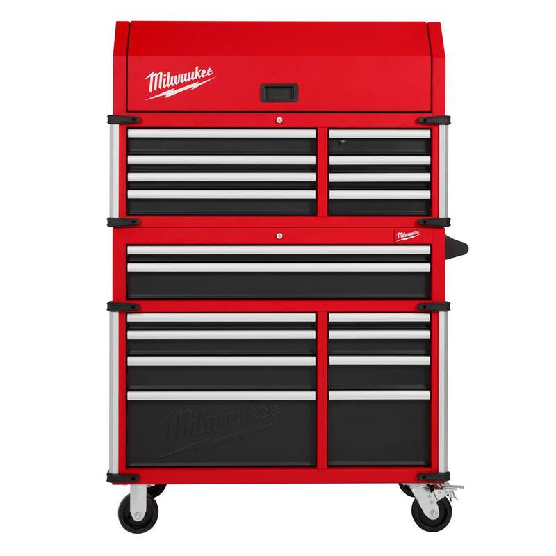 Almacenamiento de herramientas Milwaukee 41 pulgadas de ancho x 22 pulgadas de profundidad, Combo de cofre de herramientas rojo rodante pesado - 48-22-8549