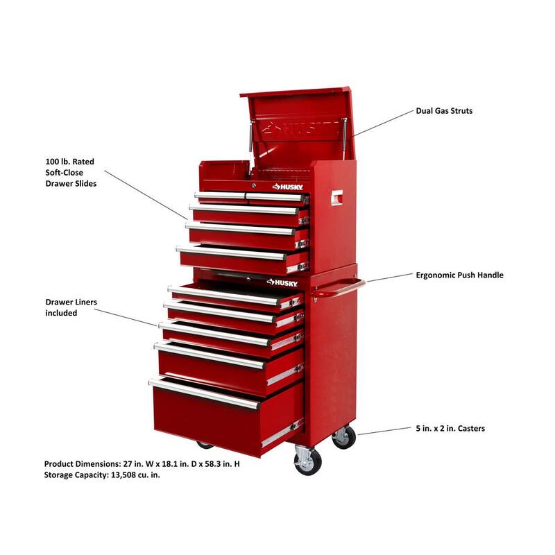 Almacenamiento de herramientas Husky de 27 pulgadas de ancho x 18 pulgadas de profundidad, combo de cofre de herramientas rodante estándar en rojo - H27CH5TR5RED