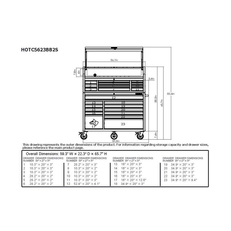 Tórax de herramientas rodante de combinación de 23 cajones de alta resistencia de 56 pulgadas de ancho x 22 pulgadas de profundidad con gabinete superior en negro mate - HOTC5623BB2S
