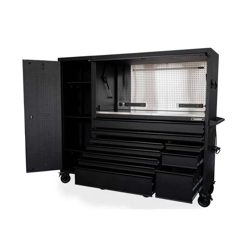 Husky 62 in. x W 24 in. D HD 10-cajón Banco de Trabajo Móvil con Encimera de Trabajo de Acero Inoxidable, Combinación de Gabinete Superior y Casillero Lateral Alto en Negro Mate - HOGS8610BB1S