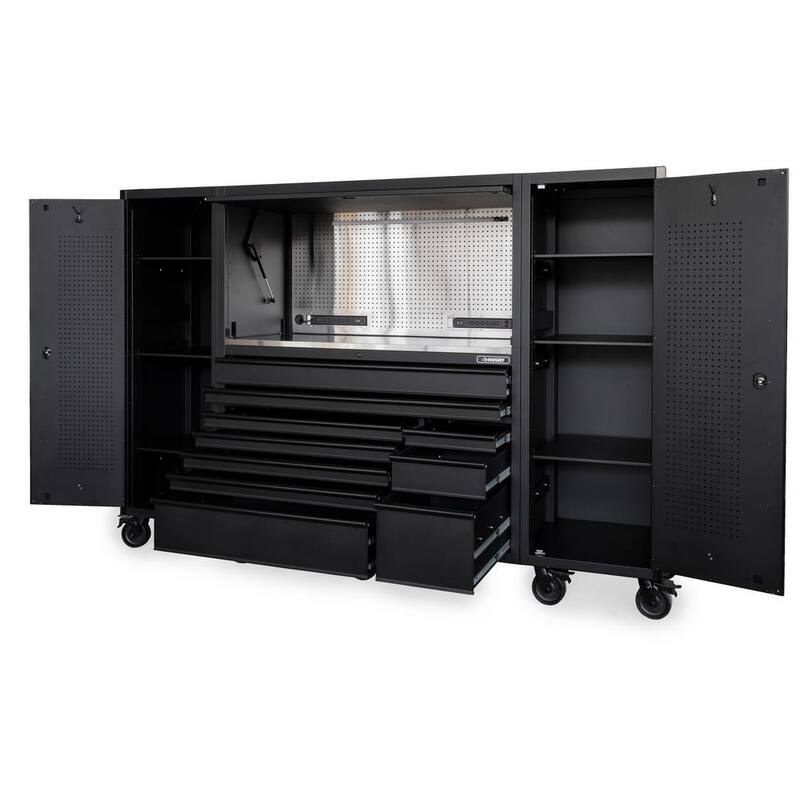 Banco de trabajo móvil Husky de 62 pulgadas x 24 pulgadas con 10 cajones y parte superior de acero inoxidable, combinado con gabinete superior y 2 armarios laterales altos en negro mate - HOGSC010BB1S