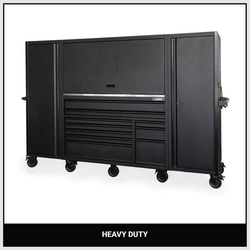 Banco de trabajo móvil Husky de 62 pulgadas x 24 pulgadas con 10 cajones y parte superior de acero inoxidable, combinado con gabinete superior y 2 armarios laterales altos en negro mate - HOGSC010BB1S