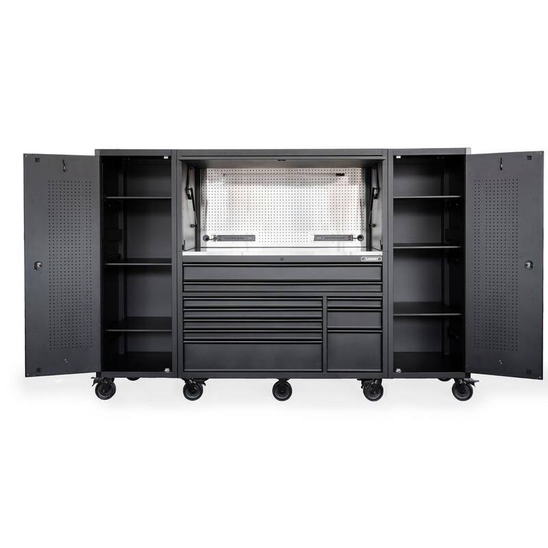 Banco de trabajo móvil Husky de 62 pulgadas x 24 pulgadas con 10 cajones y parte superior de acero inoxidable, combinado con gabinete superior y 2 armarios laterales altos en negro mate - HOGSC010BB1S