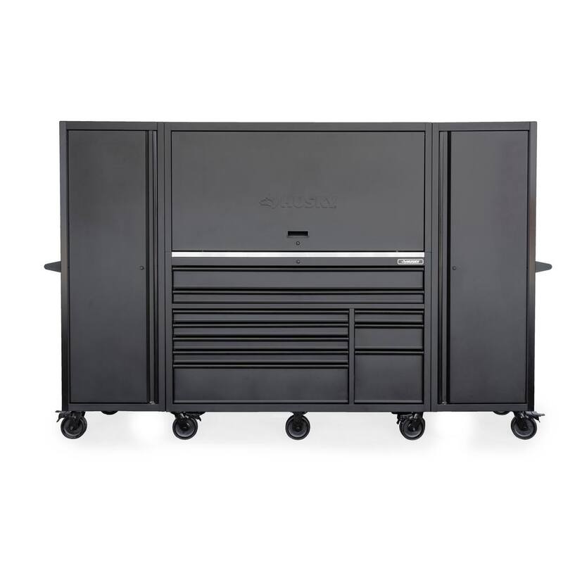 Banco de trabajo móvil Husky de 62 pulgadas x 24 pulgadas con 10 cajones y parte superior de acero inoxidable, combinado con gabinete superior y 2 armarios laterales altos en negro mate - HOGSC010BB1S