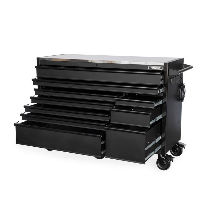 Husky 62 pulgadas de ancho x 24 pulgadas de profundidad Banco de trabajo móvil de 10 cajones de servicio pesado con parte superior de trabajo de acero inoxidable y combo de tocador en negro mate - HOTC6210BB1S