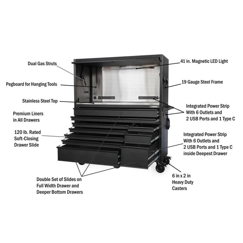 Husky 62 pulgadas de ancho x 24 pulgadas de profundidad Banco de trabajo móvil de 10 cajones de servicio pesado con parte superior de trabajo de acero inoxidable y combo de tocador en negro mate - HOTC6210BB1S