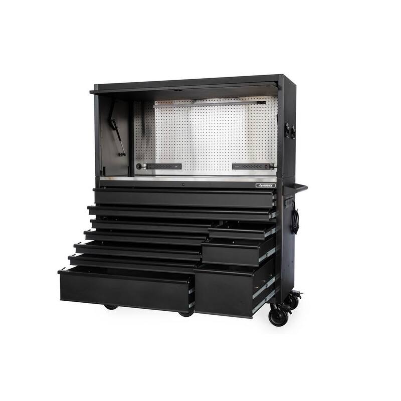 Husky 62 pulgadas de ancho x 24 pulgadas de profundidad Banco de trabajo móvil de 10 cajones de servicio pesado con parte superior de trabajo de acero inoxidable y combo de tocador en negro mate - HOTC6210BB1S