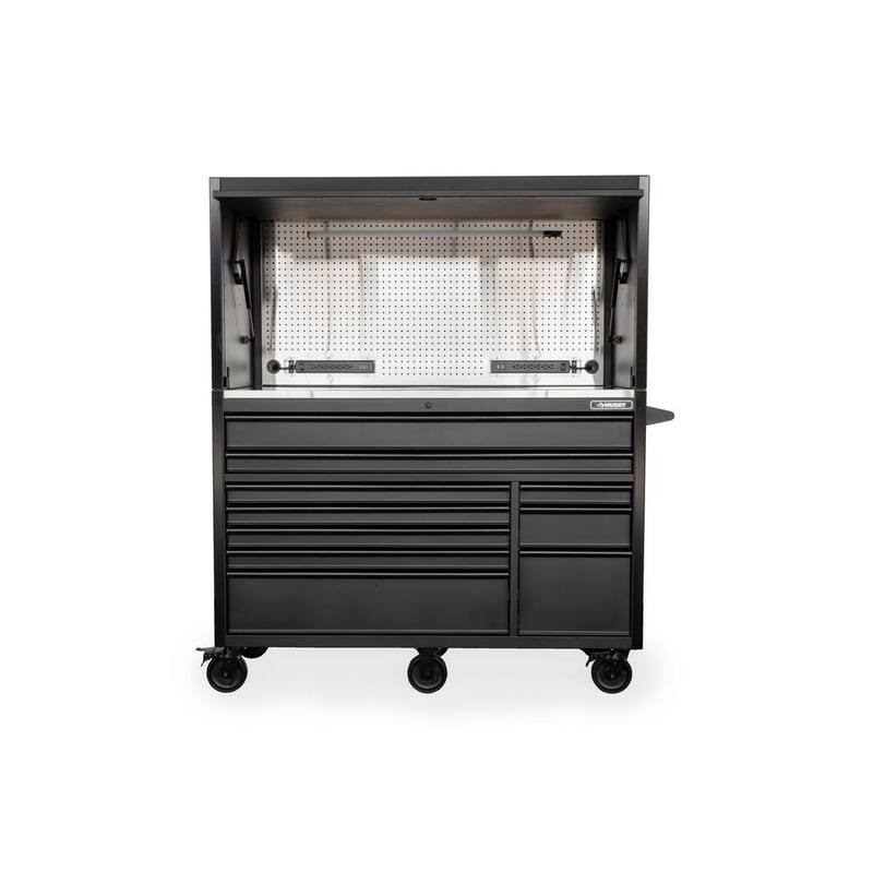 Husky 62 pulgadas de ancho x 24 pulgadas de profundidad Banco de trabajo móvil de 10 cajones de servicio pesado con parte superior de trabajo de acero inoxidable y combo de tocador en negro mate - HOTC6210BB1S