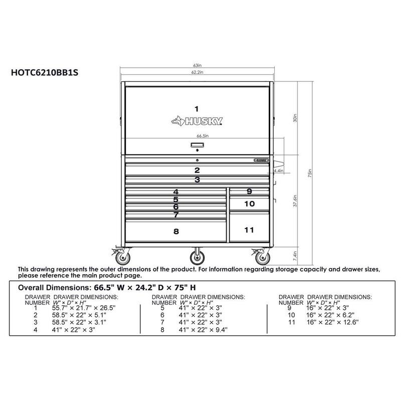 Husky 62 pulgadas de ancho x 24 pulgadas de profundidad Banco de trabajo móvil de 10 cajones de servicio pesado con parte superior de trabajo de acero inoxidable y combo de tocador en negro mate - HOTC6210BB1S