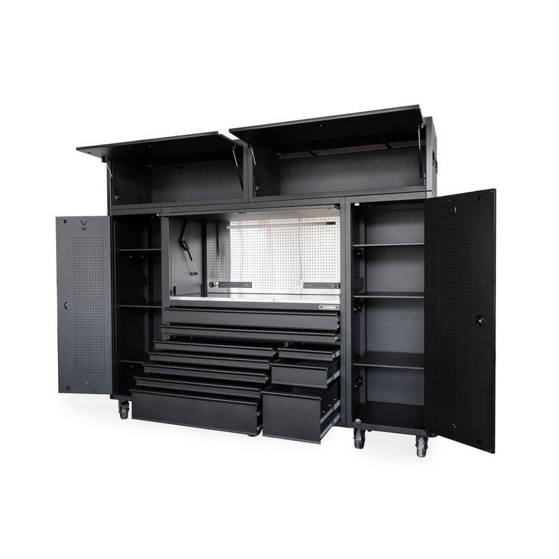 Husky 62 pulgadas de ancho x 24 pulgadas de profundidad, Gabinete de herramientas de 10 cajones de servicio pesado con gabinetes laterales y cubierta de acero inoxidable en negro mate - HOGSC010BB1L