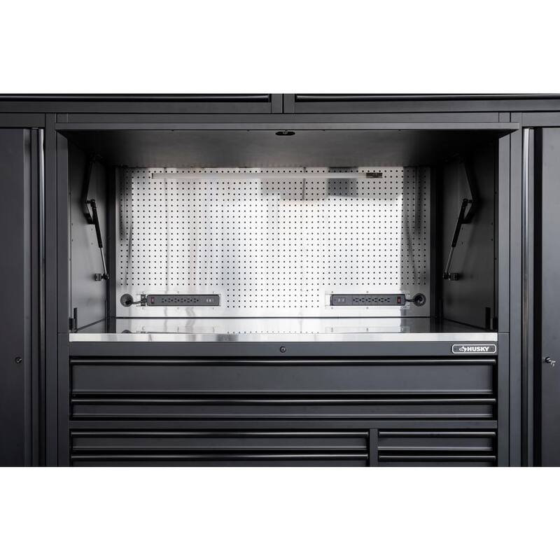 Husky 62 pulgadas de ancho x 24 pulgadas de profundidad, Gabinete de herramientas de 10 cajones de servicio pesado con gabinetes laterales y cubierta de acero inoxidable en negro mate - HOGSC010BB1L