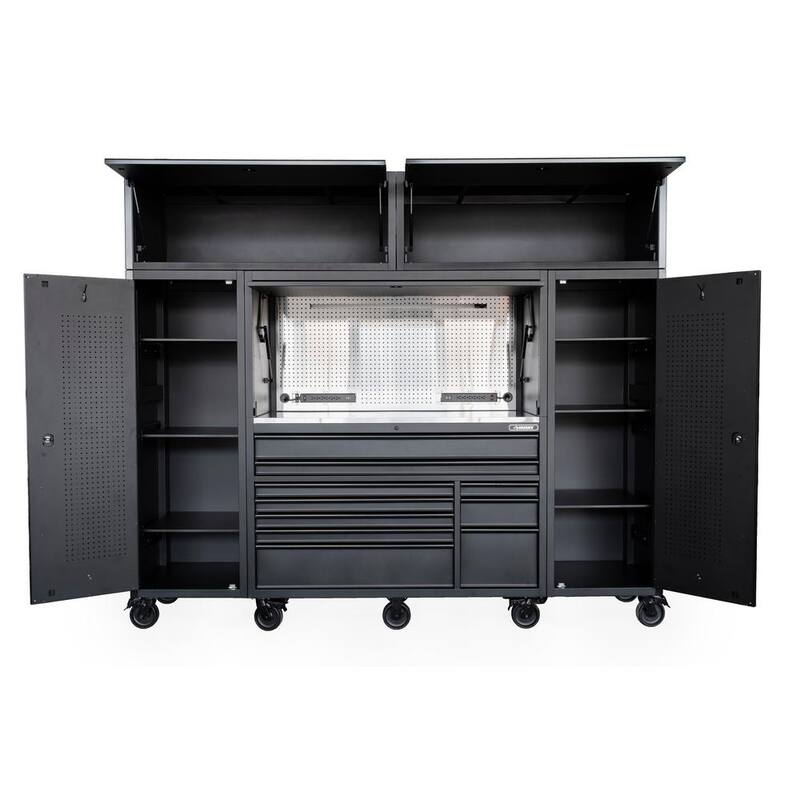Husky 62 pulgadas de ancho x 24 pulgadas de profundidad, Gabinete de herramientas de 10 cajones de servicio pesado con gabinetes laterales y cubierta de acero inoxidable en negro mate - HOGSC010BB1L