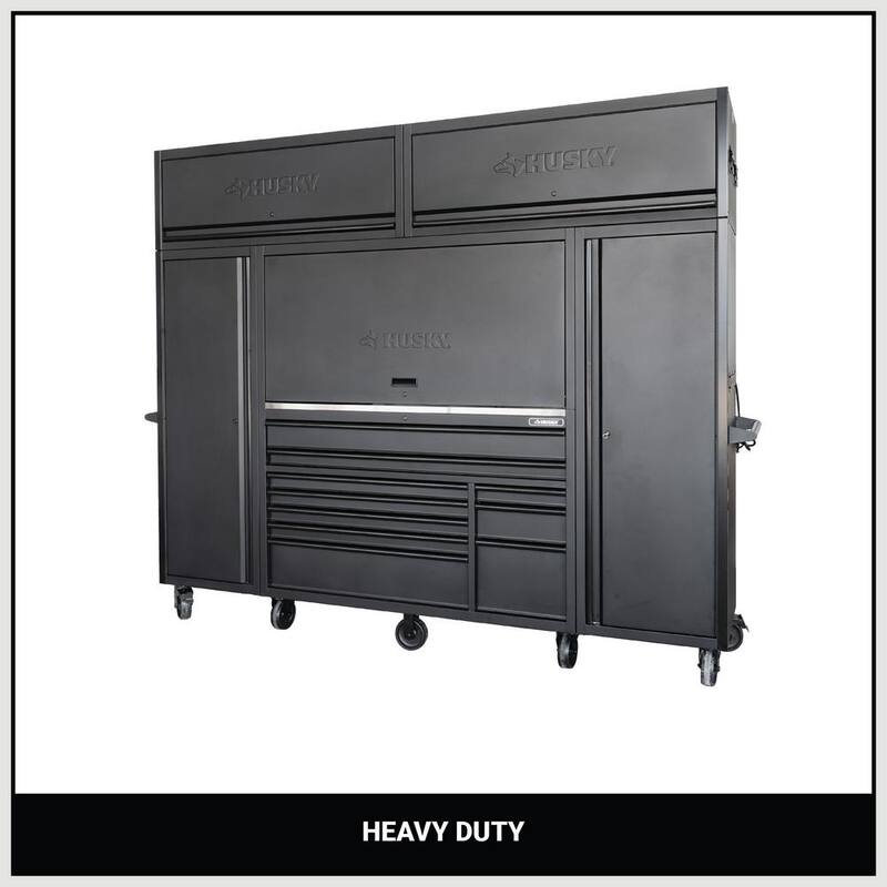Husky 62 pulgadas de ancho x 24 pulgadas de profundidad, Gabinete de herramientas de 10 cajones de servicio pesado con gabinetes laterales y cubierta de acero inoxidable en negro mate - HOGSC010BB1L