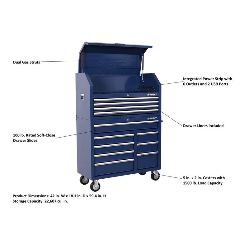 Cofre de herramientas rodante azul de 12 cajones de trabajo pesado estándar Husky de 42 pulgadas x 18 pulgadas - H42CH4TR8BLU