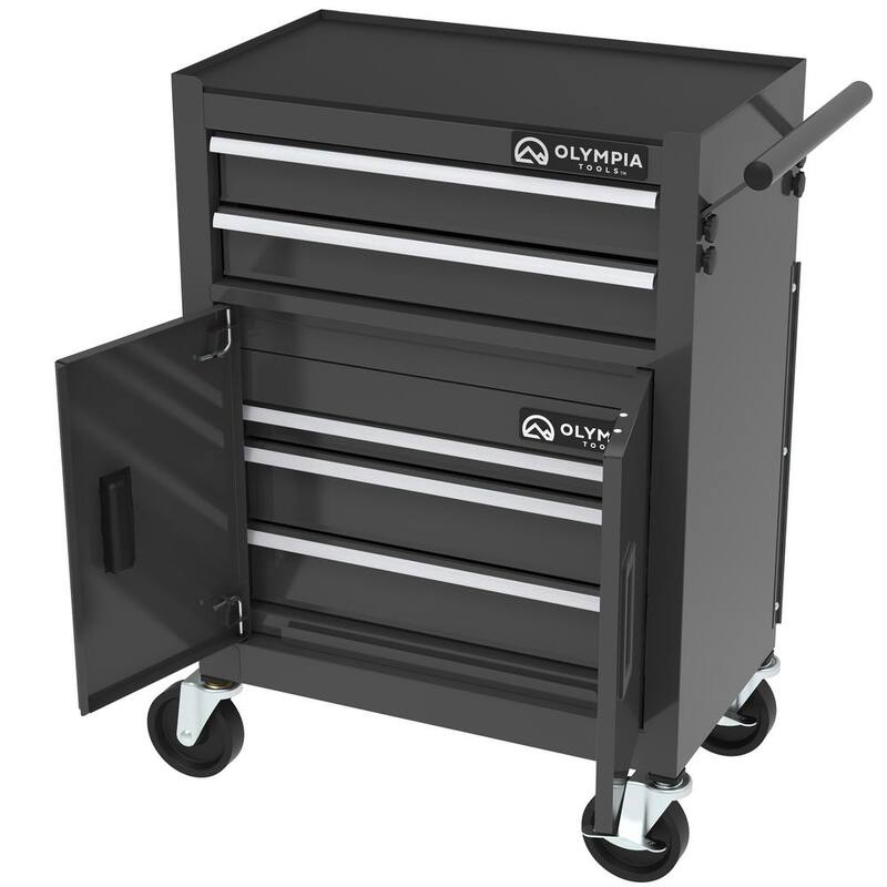 OLYMPIA 20 pulgadas de ancho x 12 pulgadas de profundidad, Combo de caja de herramientas de acero de 5 cajones y gabinete con tomacorrientes - 410-037-0111