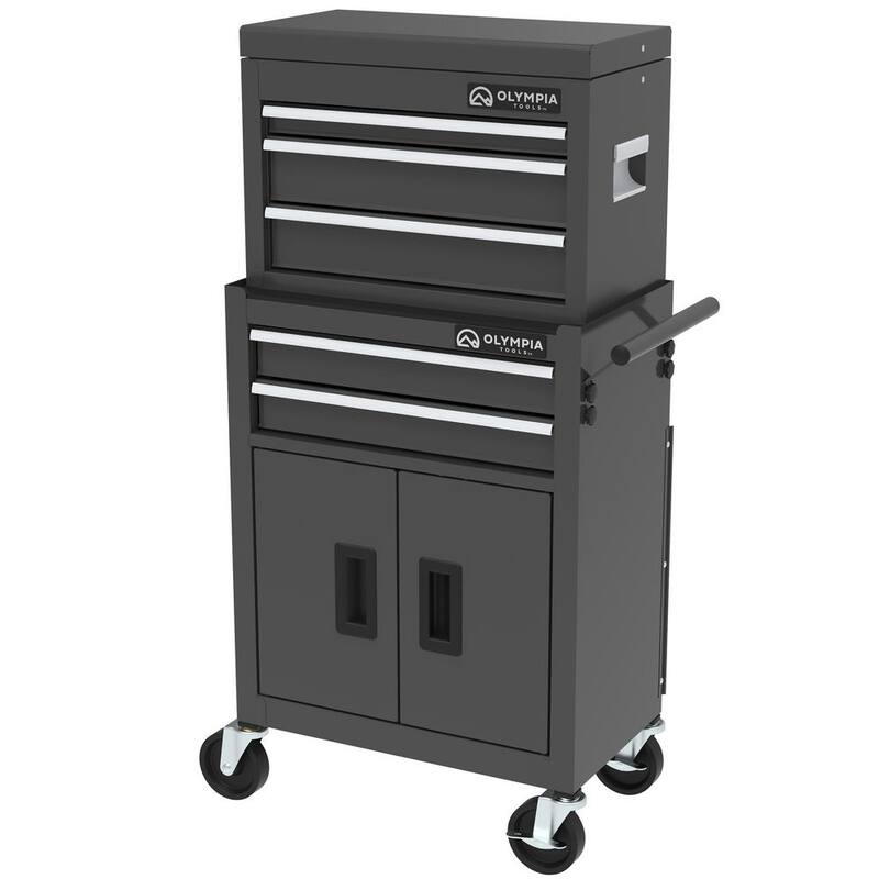 OLYMPIA 20 pulgadas de ancho x 12 pulgadas de profundidad, Combo de caja de herramientas de acero de 5 cajones y gabinete con tomacorrientes - 410-037-0111