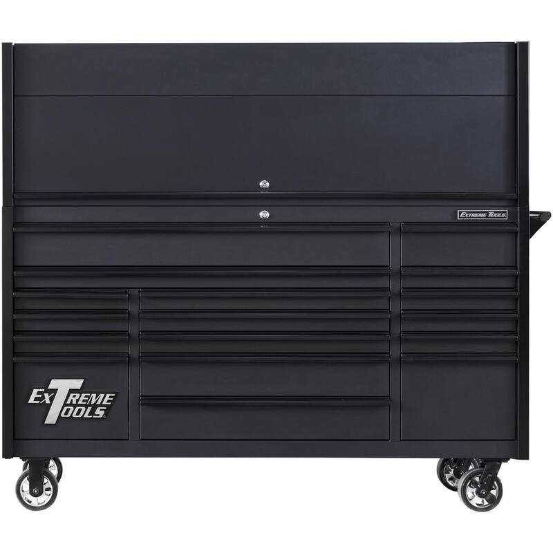 Herramientas Extremas Serie DX de 72 pulgadas. Cubierta profesional de herramientas y gabinete de rodillos de 17 cajones en combo negro mate con jaladeras negras - DX7218HRMK