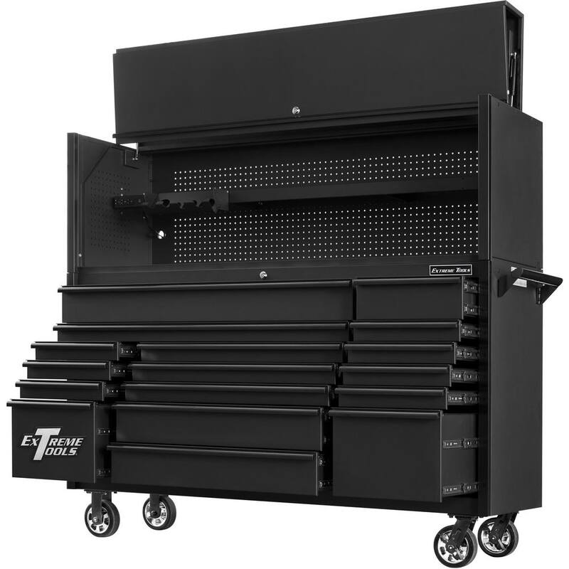 Herramientas Extremas Serie DX de 72 pulgadas. Cubierta profesional de herramientas y gabinete de rodillos de 17 cajones en combo negro mate con jaladeras negras - DX7218HRMK