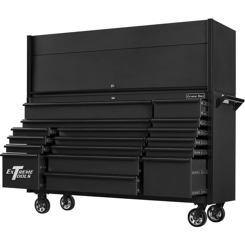 Herramientas Extremas Serie DX de 72 pulgadas. Cubierta profesional de herramientas y gabinete de rodillos de 17 cajones en combo negro mate con jaladeras negras - DX7218HRMK