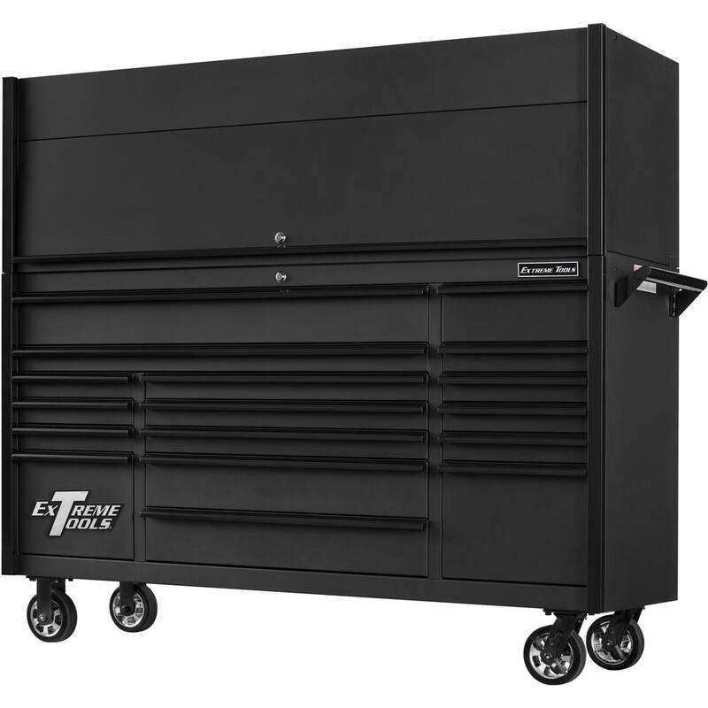 Herramientas Extremas Serie DX de 72 pulgadas. Cubierta profesional de herramientas y gabinete de rodillos de 17 cajones en combo negro mate con jaladeras negras - DX7218HRMK
