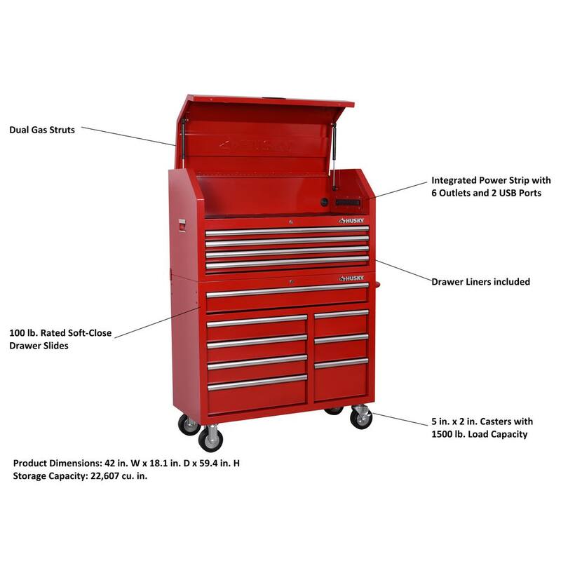 Cofre de herramientas rodante Husky Standard Duty de 42 pulgadas x 18 pulgadas con 12 cajones - Rojo