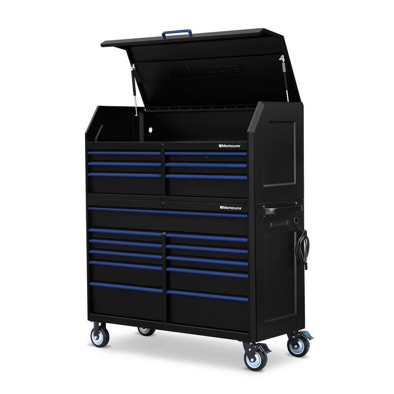 Montezuma 56 pulg. de ancho x 24 pulg. de profundidad 17 cajones Gabinetes de herramientas y combo con salidas de poder y USB en negro y azul - M5624COMBO
