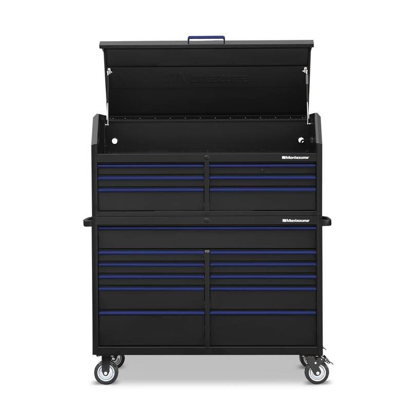 Montezuma 56 pulg. de ancho x 24 pulg. de profundidad 17 cajones Gabinetes de herramientas y combo con salidas de poder y USB en negro y azul - M5624COMBO