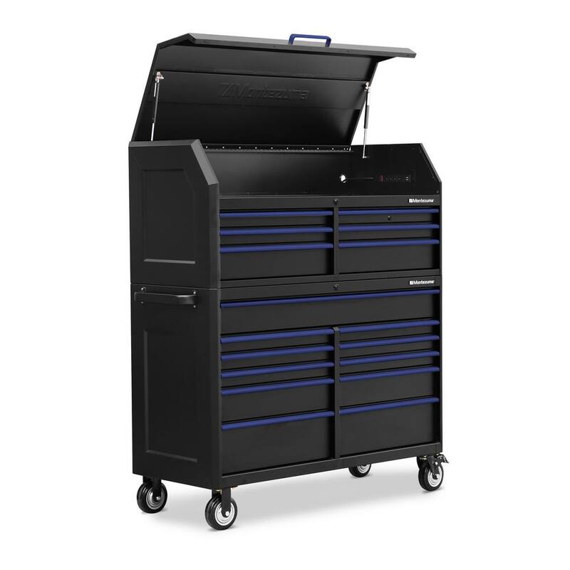 Montezuma 56 pulg. de ancho x 24 pulg. de profundidad 17 cajones Gabinetes de herramientas y combo con salidas de poder y USB en negro y azul - M5624COMBO